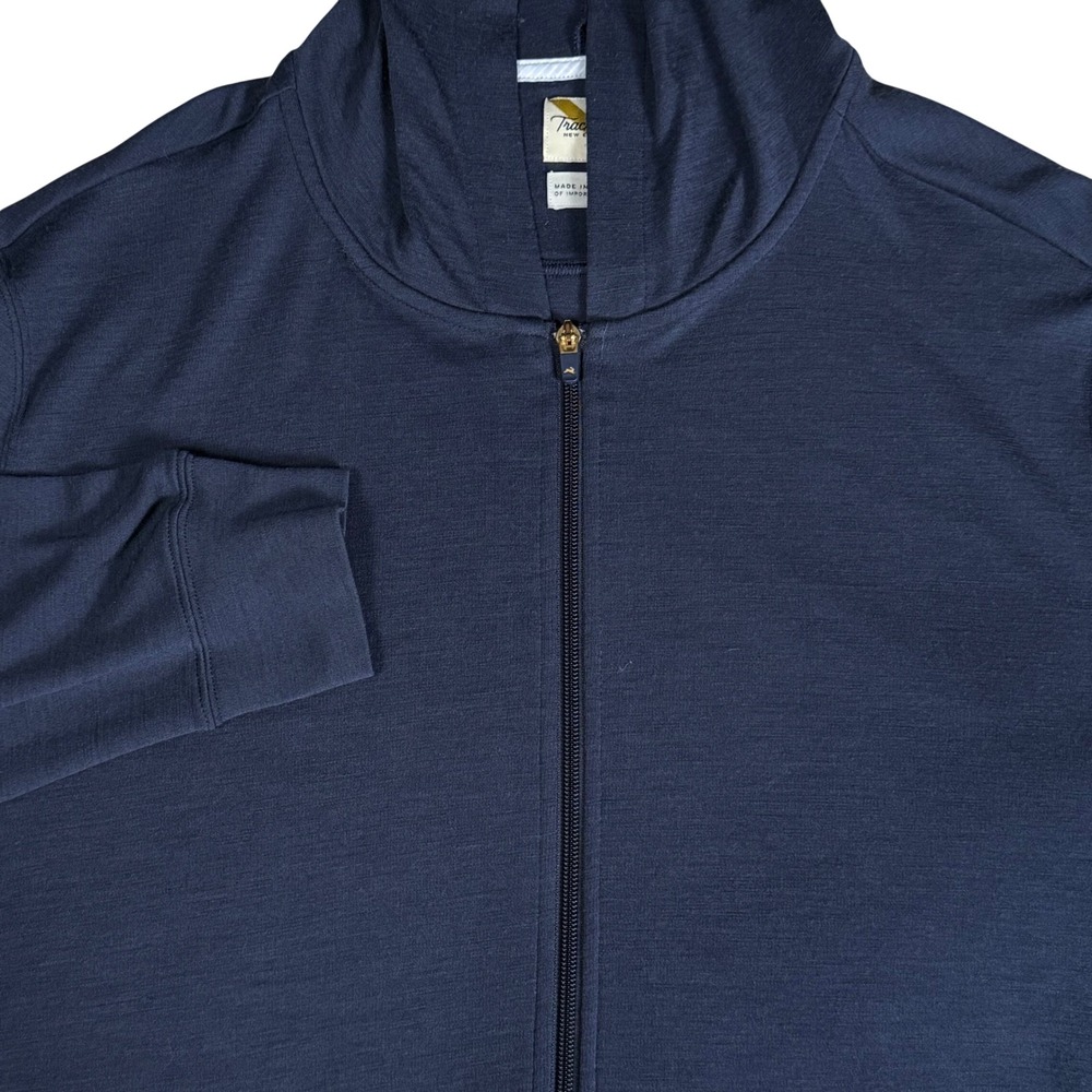 Tracksmith Mens XL Navy Blue Merino Wool Full Zip Running Hoodie Pinhole